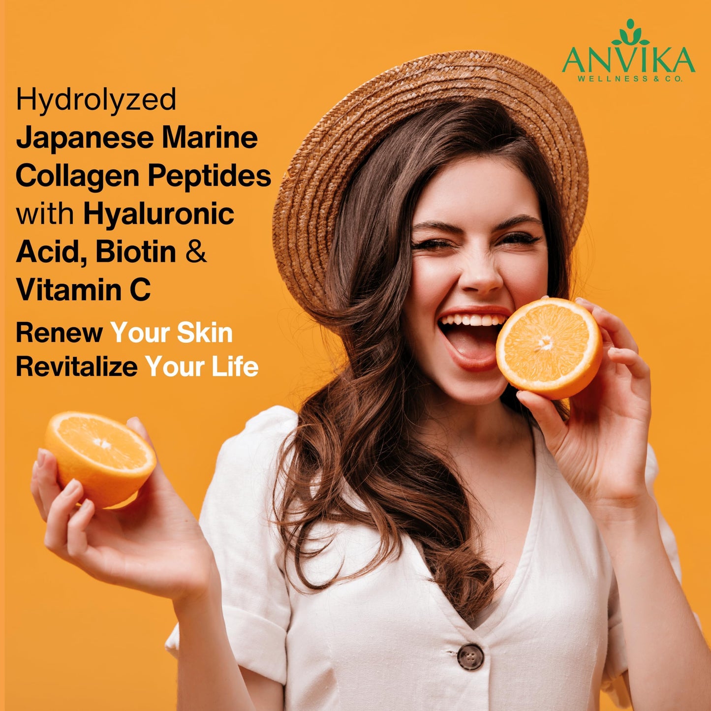 Anvika Marine Collagen Peptides Supplement for Skin, Hair, Nails. Bone & Joint | Clinically Proven | Hydrolyzed Marine Collagen Peptides | Collagen Supplements for Women & Men, Orange Flavour, 150 gms