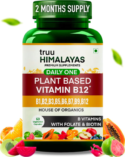 truu Himalayas Plant Based Vitamin B12 Supplement B1,B2,B3,B5,B6,B7,B9 2Months Organic Vit B-12 for Men & Women - Natural Ayurvedic Rasayana -Act. Inlife, Nerve, Hair & Skin Health -60 Vegan Capsules