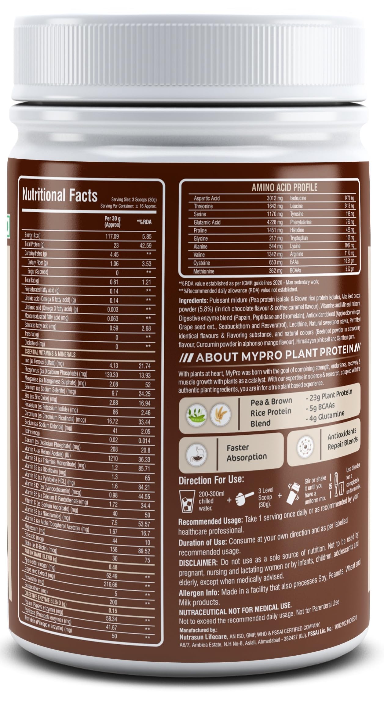 Mypro Sport Nutrition Plant Protein Powder Pea & Brown Rice Protein (23g protein,22 Vitamins & minerals,5g BCAA) Plant Based Vegan Protein Supplement For Men & Women (Alphonso Mango, 500 gm)