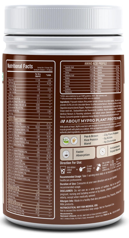 Mypro Sport Nutrition Plant Protein Powder Pea & Brown Rice Protein (23g protein,22 Vitamins & minerals,5g BCAA) Plant Based Vegan Protein Supplement For Men & Women (Alphonso Mango, 500 gm)