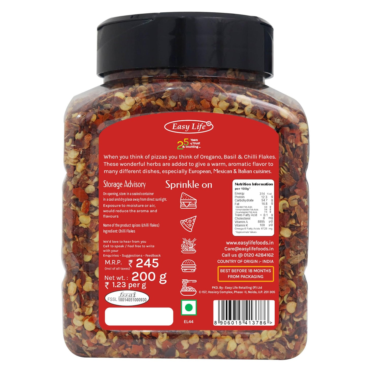 Easy Life Roasted Chilli Flakes 200gm [Ideal Sprinkler Pack for Pizza Chef's Pantry and Every kitchen's Shelf]