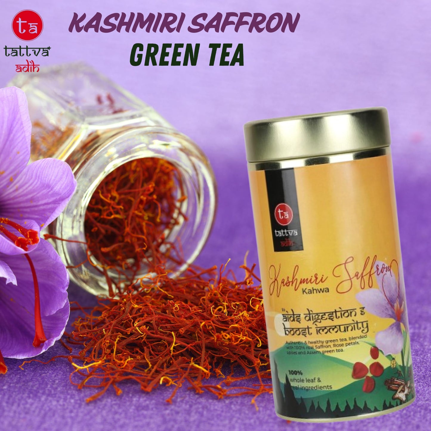 Tattva Adih Made with Whole Leaf & Natural Rose Petals | Refreshing & Aromatic - 100 grams | 100% Natural Ingredients Kashmiri kawa Green Tea | Airtight Container | Refreshing & Aromatic | Made with Whole Leaf & Natural Rose Petals | Refreshing & Aromatic