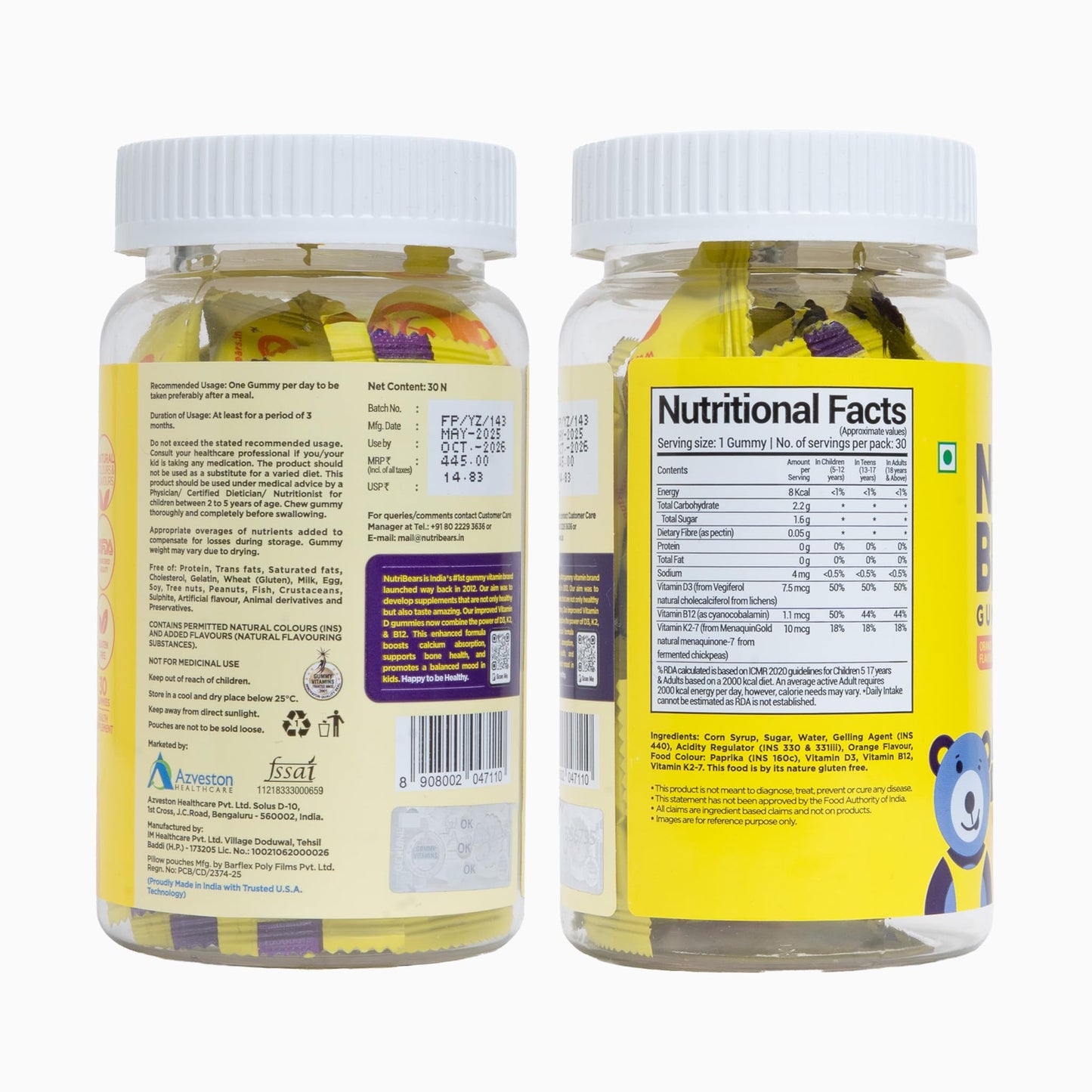 NutriBears Kids Vitamin D3 + K2 + B12 Gummies | Plant-Based Lichen D3 + MenaquinGold™ (MK-7) | No Artificial Colours | Bones, Immunity & Mood | Vegetarian | Ages 2–12 | Orange | 30 Gummy Bears