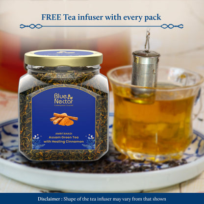 Blue Nectar Cinnamon Loose Green Tea Leaves | Metabolism Booster Himalayan Green Tea in Air-Tight Glass Jar | Includes Free Tea Infuser (65g)