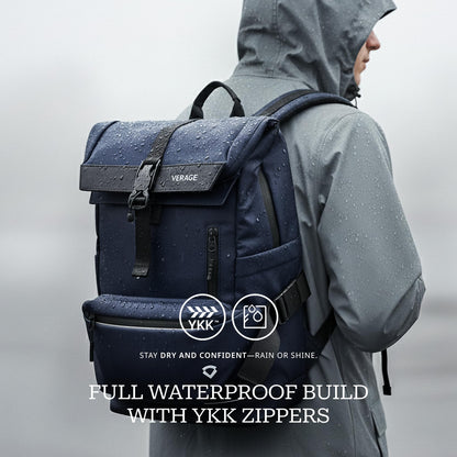 Verage Roll Top Laptop Backpack Waterproof PU Lather Travel Backpack Expandable Work Carry On Backpack for Men Women, Blue, One Size, Classic