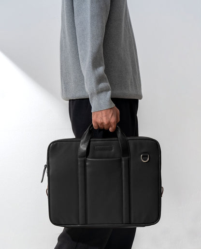 DailyObjects Unisex Black Urban Classic Briefcase Vegan Leather Laptop Messenger Bag (13L) Adjustable Straps, Zip Closure Slip Pockets, Detachable Carry Pouch And A Large Storage For 14 Inch Laptops