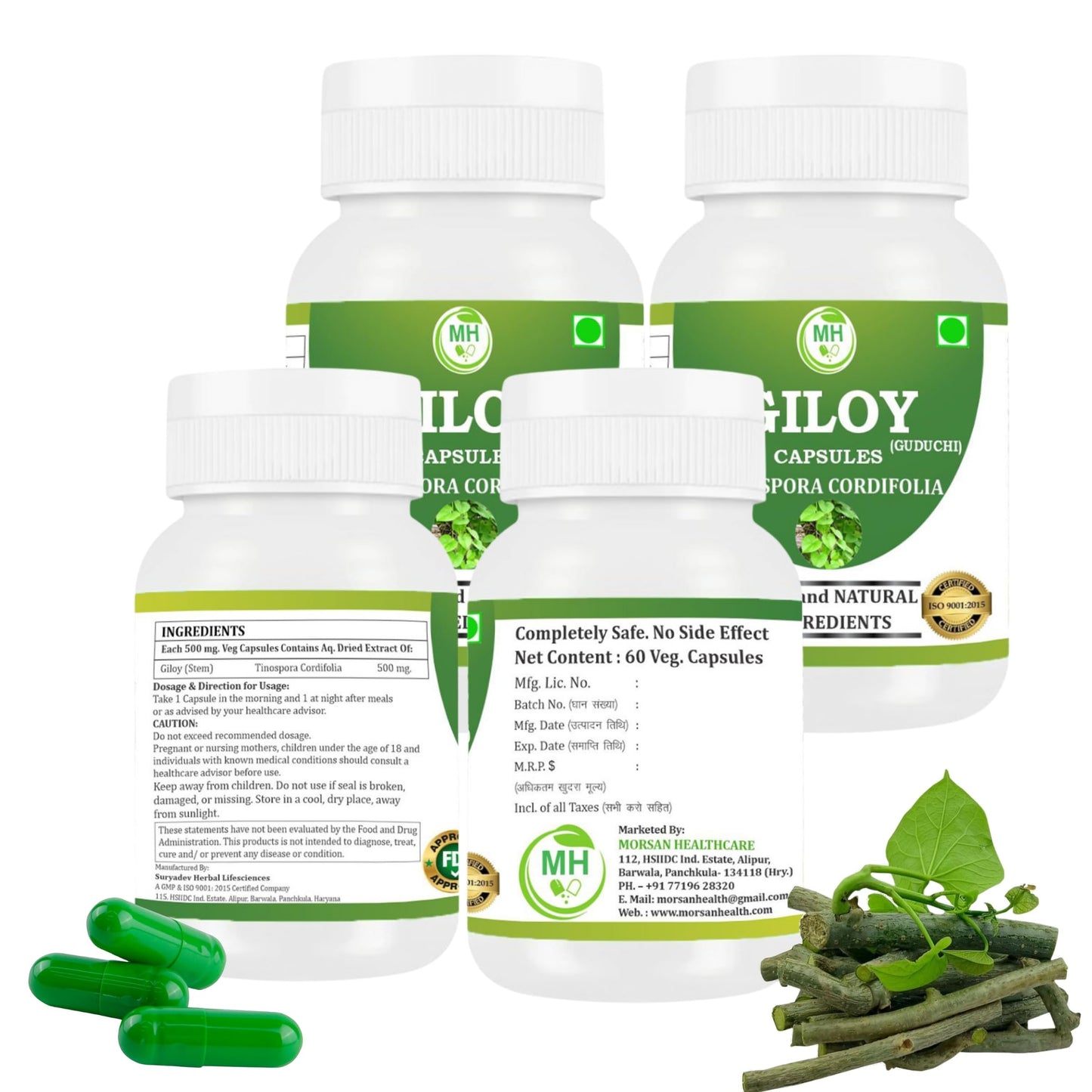 Morsan healthcare | Giloy Capsules 500mg – 60 Count | 4 Pack | Vegetarian | Plant-Based | Herbal Supplement | No Artificial Additives | Gluten Free | organic |