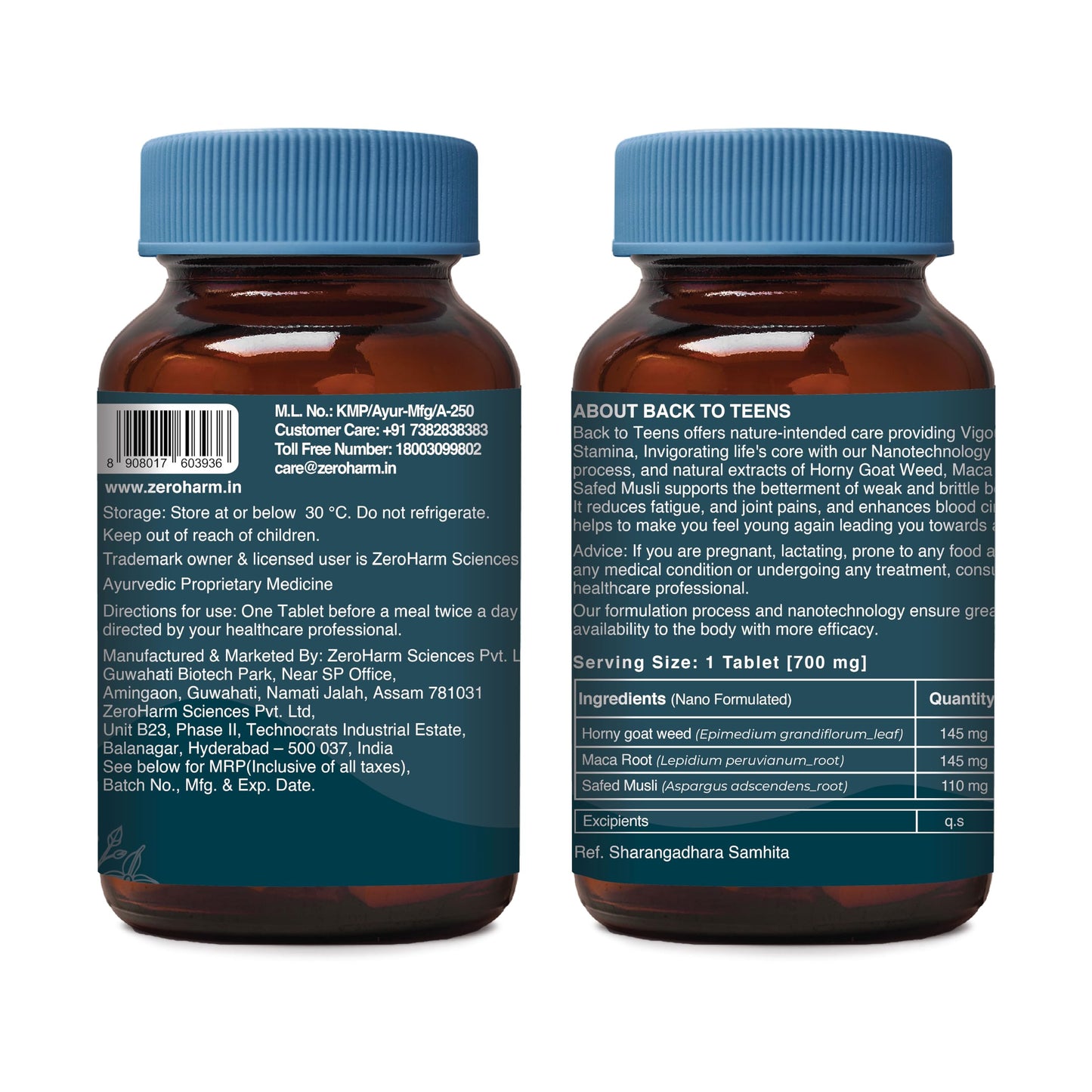 ZEROHARM BACK to TEENS - Horny Goat weed Epimedium - Maca Root extract - Safed Musli - Nano Formulated herbal Tablet (60 Tablets)