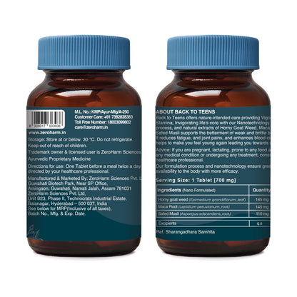 ZEROHARM BACK to TEENS - Horny Goat weed Epimedium - Maca Root extract - Safed Musli - Nano Formulated herbal Tablet (60 Tablets)