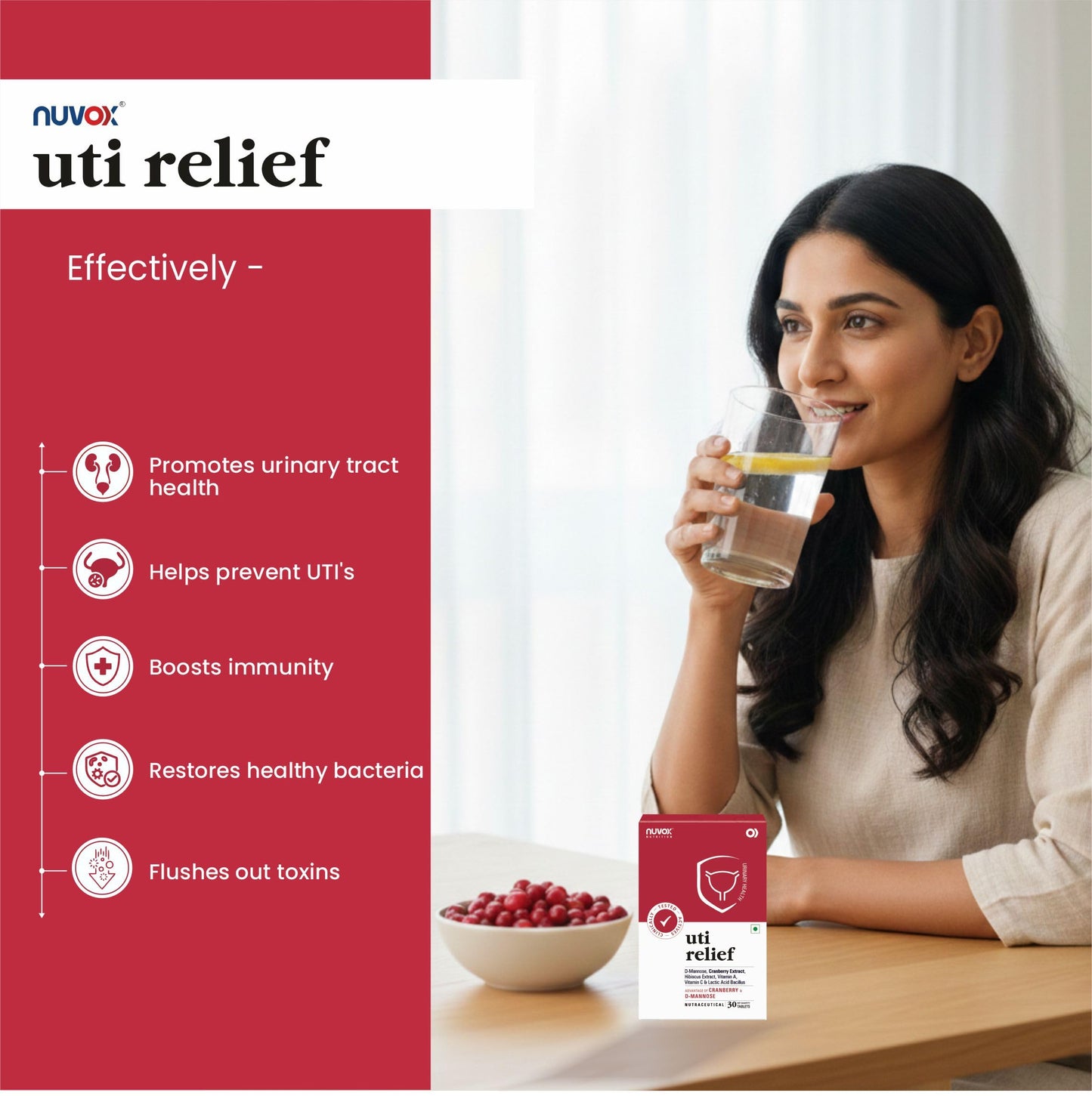 Nuvox UTI Relief- Advanced Urinary Tract Support with Cranberry, D-Mannose & Hibiscus Extract (30 tabs in 1 Pack)