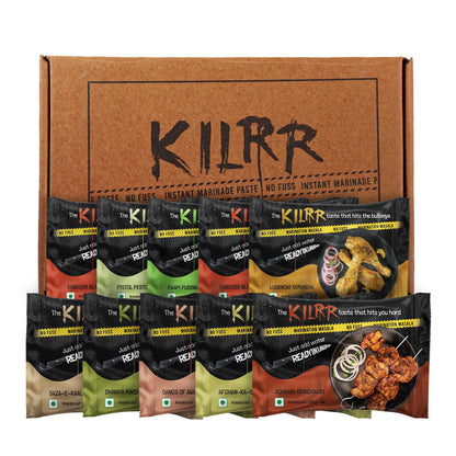 KILRR Chicken Marination Masala Variety Pack of 10 (Marinates 250g Chicken per Pack) | 1- Min Killer Marinade for Tikka, Tandoori Chicken | 100% Natural | No Preservatives | Just Add Water & Oil | Killer Gang