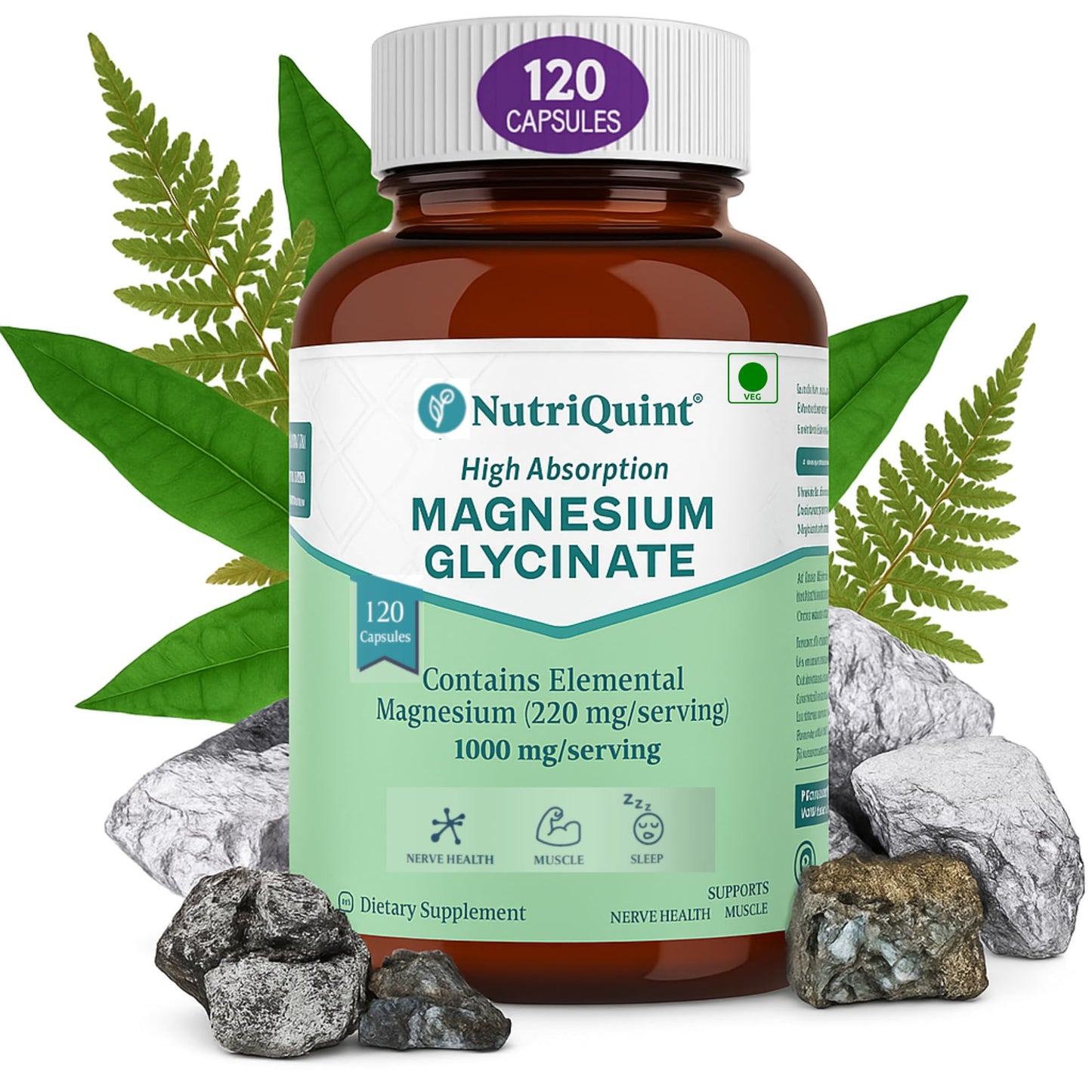 NutriQuint Magnesium Glycinate 1000 mg – High Absorption – 220mg Elemental Magnesium per Serving – 120 Veg Capsules – Non-Laxative, Muscle, Sleep & Nerve Support – Made in India