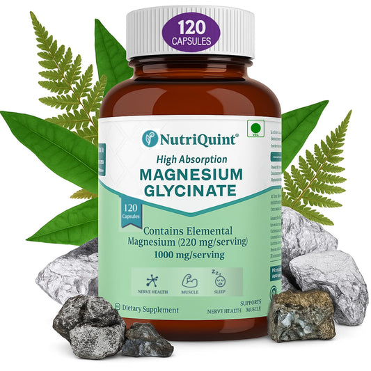 NutriQuint Magnesium Glycinate 1000 mg – High Absorption – 220mg Elemental Magnesium per Serving – 120 Veg Capsules – Non-Laxative, Muscle, Sleep & Nerve Support – Made in India