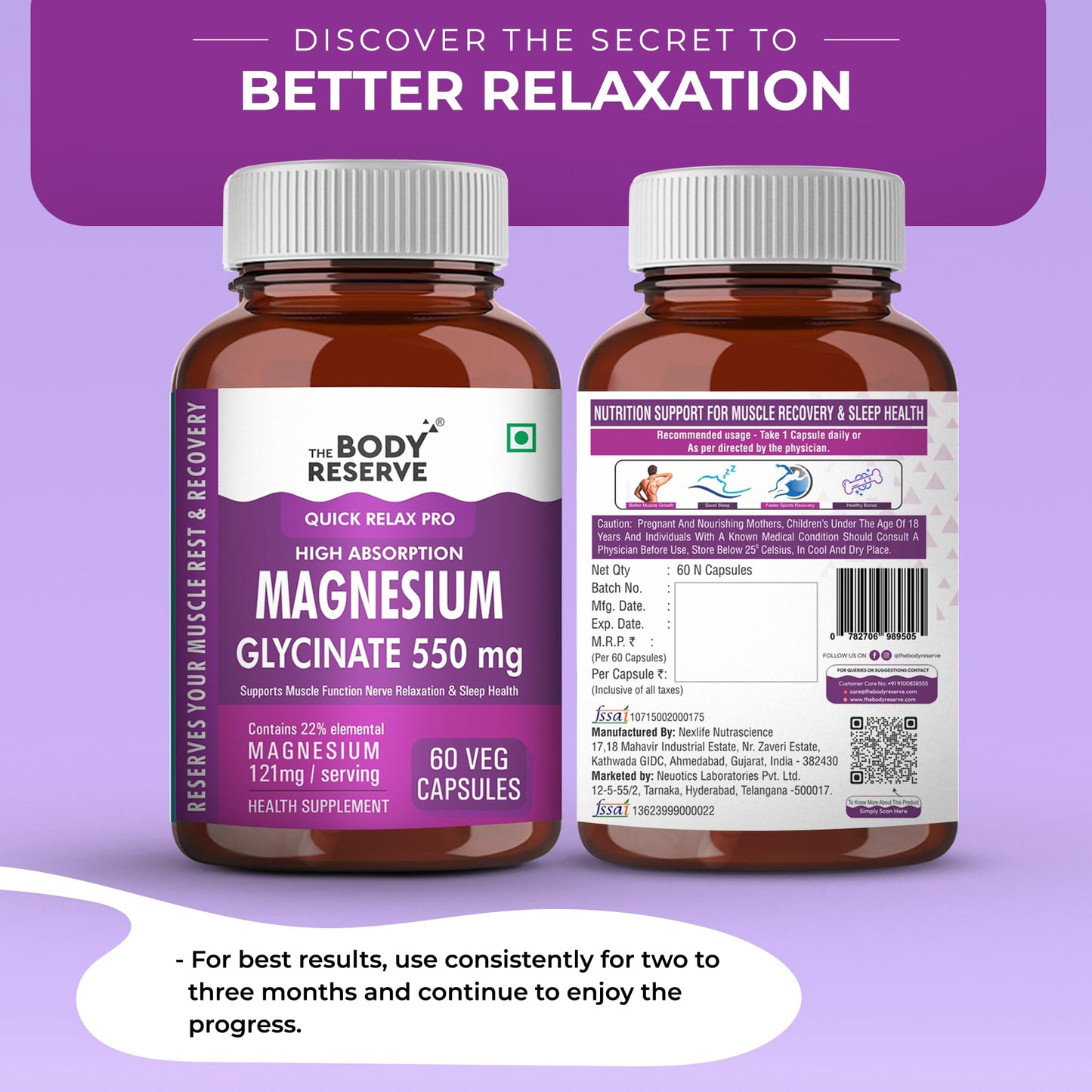 The Body Reserve Magnesium Glycinate Supplement - 60 Vegetable Capsules, 550mg Per Serving, High Absorption Chelated Form - Supports Muscle & Nerve Health, Relaxation for Men & Women