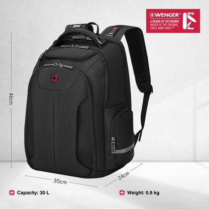 WENGER 17.5" ScanSmart Laptop Backpack, 30 Litres, Black, Swiss Designed-blend of style & function, 612014