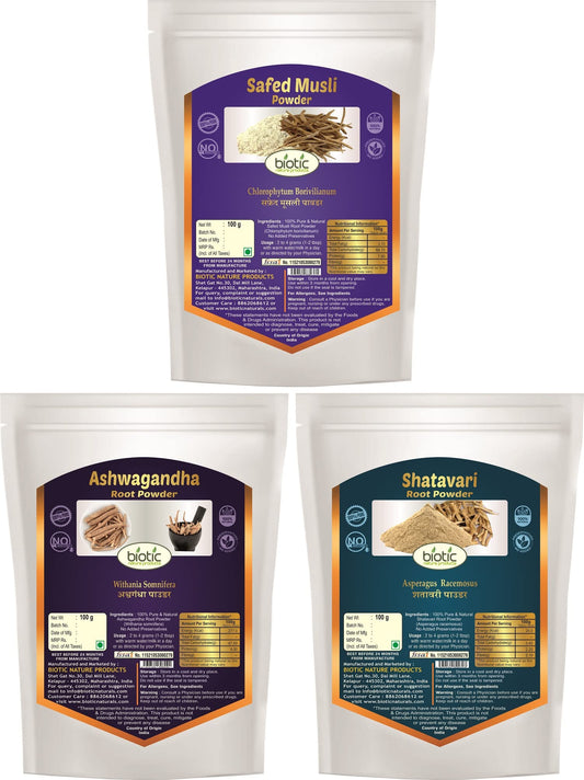 Biotic Safed Musli, Ashwagandha & Shatavari Powder - 300gms (100gms each)