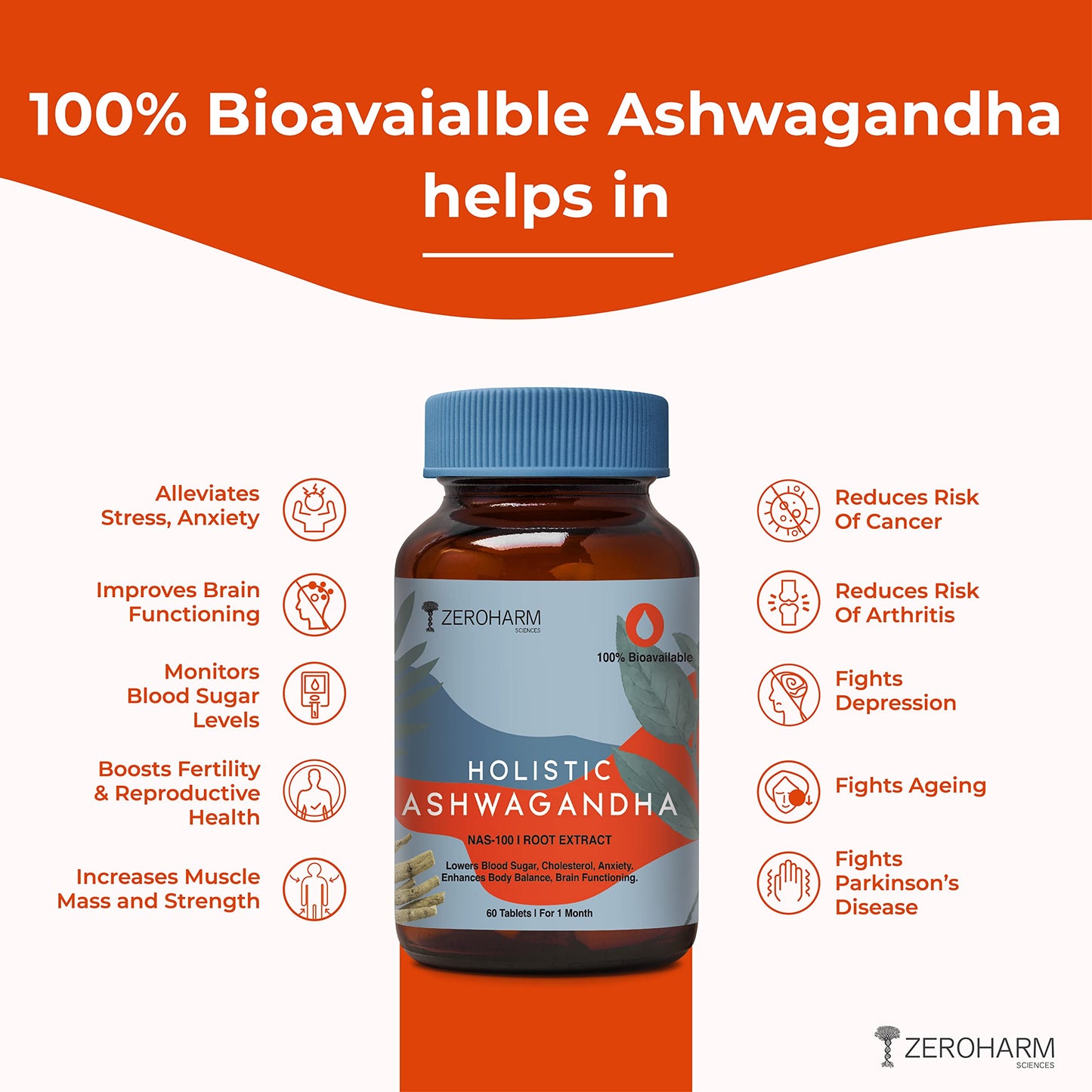 Zeroharm Holistic Ashwagandha | 60 Tablets | Stress Relief | Anti-Inflammation | 100% Water Soluble & Bioavailable