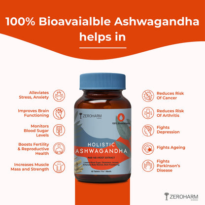 Zeroharm Holistic Ashwagandha | 60 Tablets | Stress Relief | Anti-Inflammation | 100% Water Soluble & Bioavailable