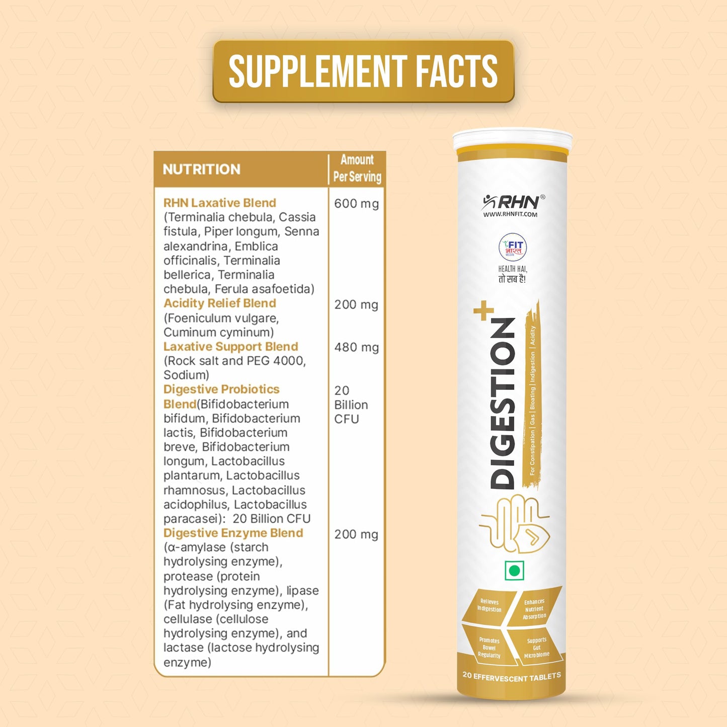 RHN Digestion Plus Enzymes & Probiotics Improves Gut Health, Relief from Bloating, Aids to Gas & Constipation, Support Immunity & Lactose Intolerance (20 Effervescent Tablets)