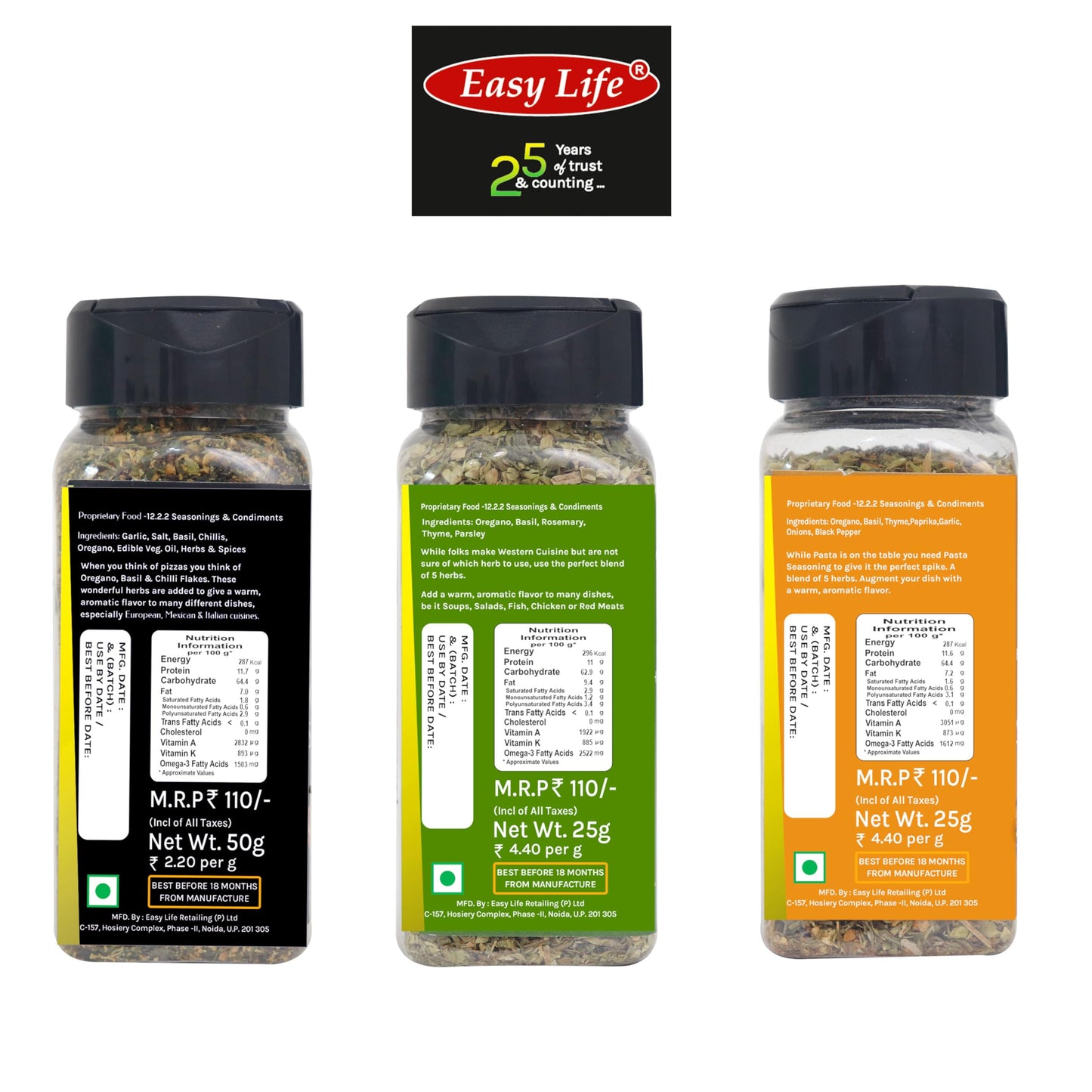 Easy Life Oregano Seasoning 50g, Mixed Herbs 25g with Pasta Seasoning 25g (Combo of 3 Seasonings and Mix herb and Spice)