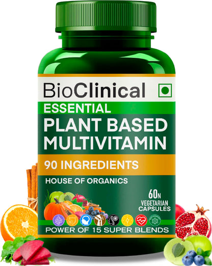 BioClinical Plant Based Multivitamin for Men & Women - Organic Natural Vitamins - Daily Vital Nutrition - Nature Made, Ayurvedic & Whole foods Supplement - Energy, Hair & Bone Health -60 Veg Capsules