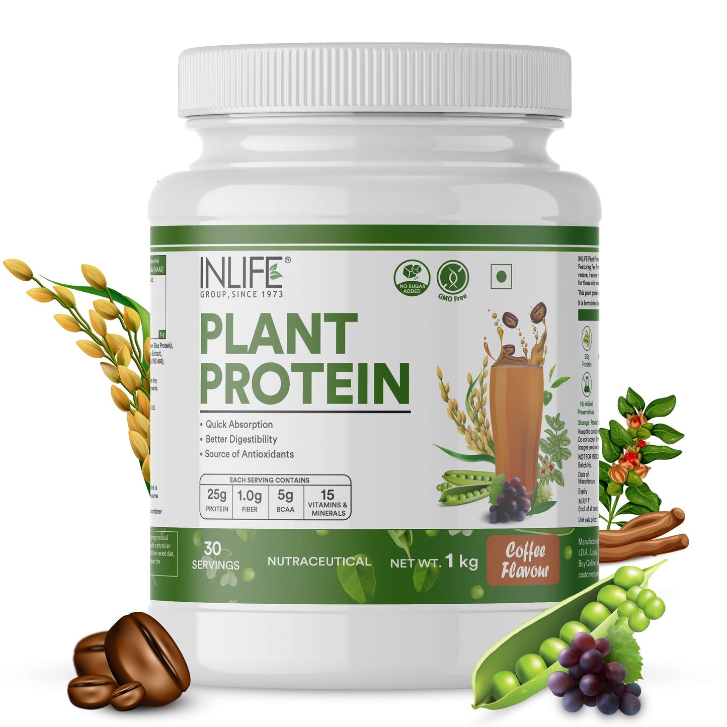 INLIFE Plant Protein Powder - Pea, Quinoa & Brown Rice - 25g Protein - Ashwagand