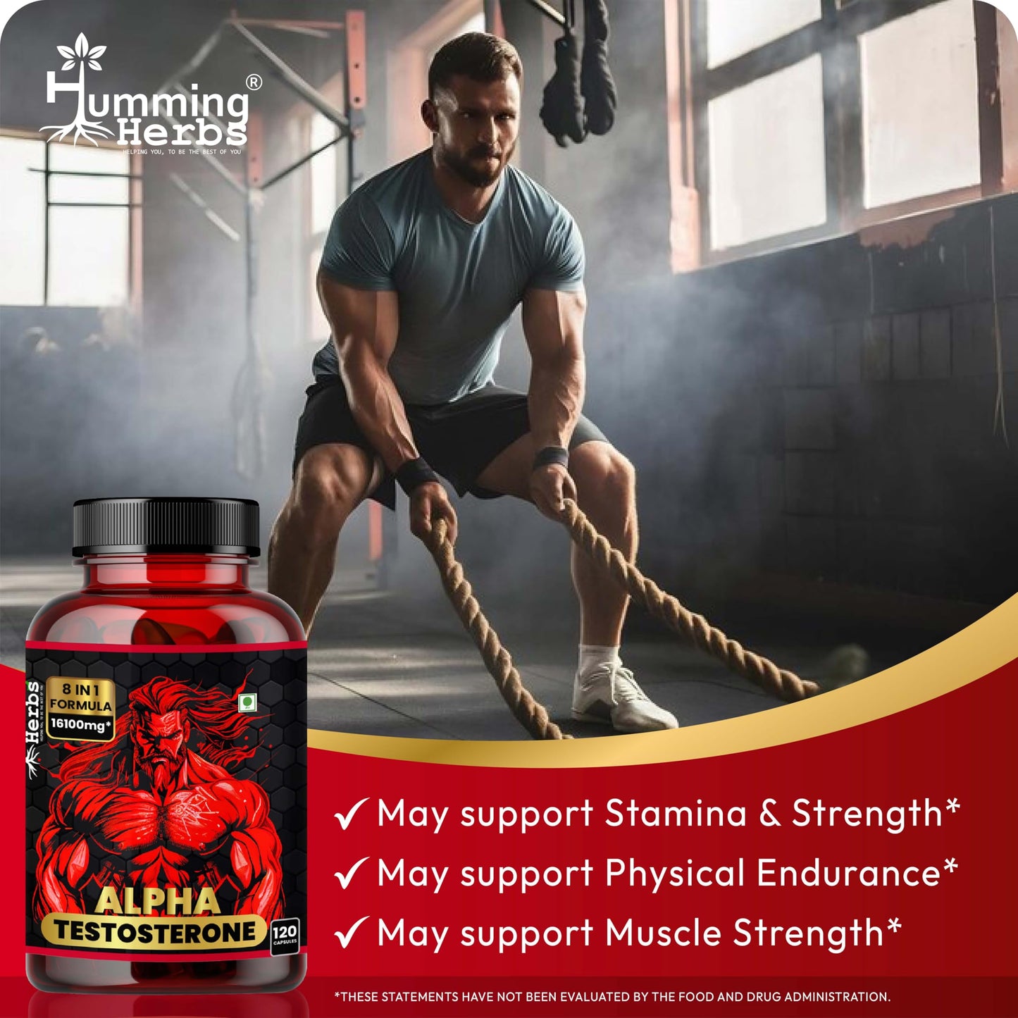 Humming Herbs Alpha Testosterone Supplement – Tribulus, Fadogia Agrestis, Epimedium (Horny Goat Weed), L‑Arginine, Beet Root, Tongkat Ali, Maca & Vitamin D3 – 120 Vegan Capsules (60 Servings)