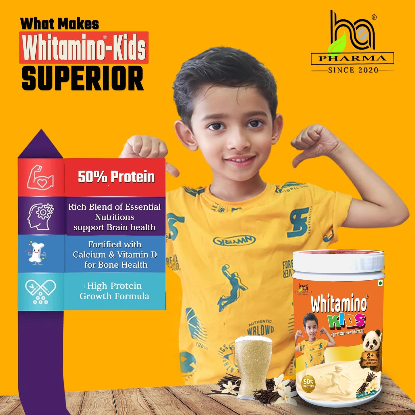 Whitamino, kids protein powder (2-10 Years) – High-Protein Nutritional Drink for Children with 12.5g Protein, 26 Vitamins & Minerals – Vanilla Flavor, 250g