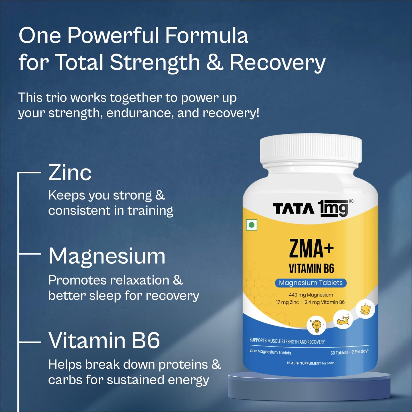 TATA 1MG ZMA+ Vitamin B6 Tablets| 100% RDA of Magnesium & Vitamin B6 | High Absorption Zinc Citrate for Muscle Recovery, Sleep & Strength | Reduces Cramps & Fatigue | 60 Tablet