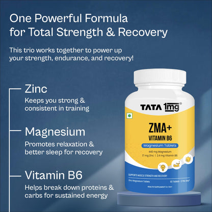 TATA 1MG ZMA+ Vitamin B6 Tablets| 100% RDA of Magnesium & Vitamin B6 | High Absorption Zinc Citrate for Muscle Recovery, Sleep & Strength | Reduces Cramps & Fatigue | 60 Tablet