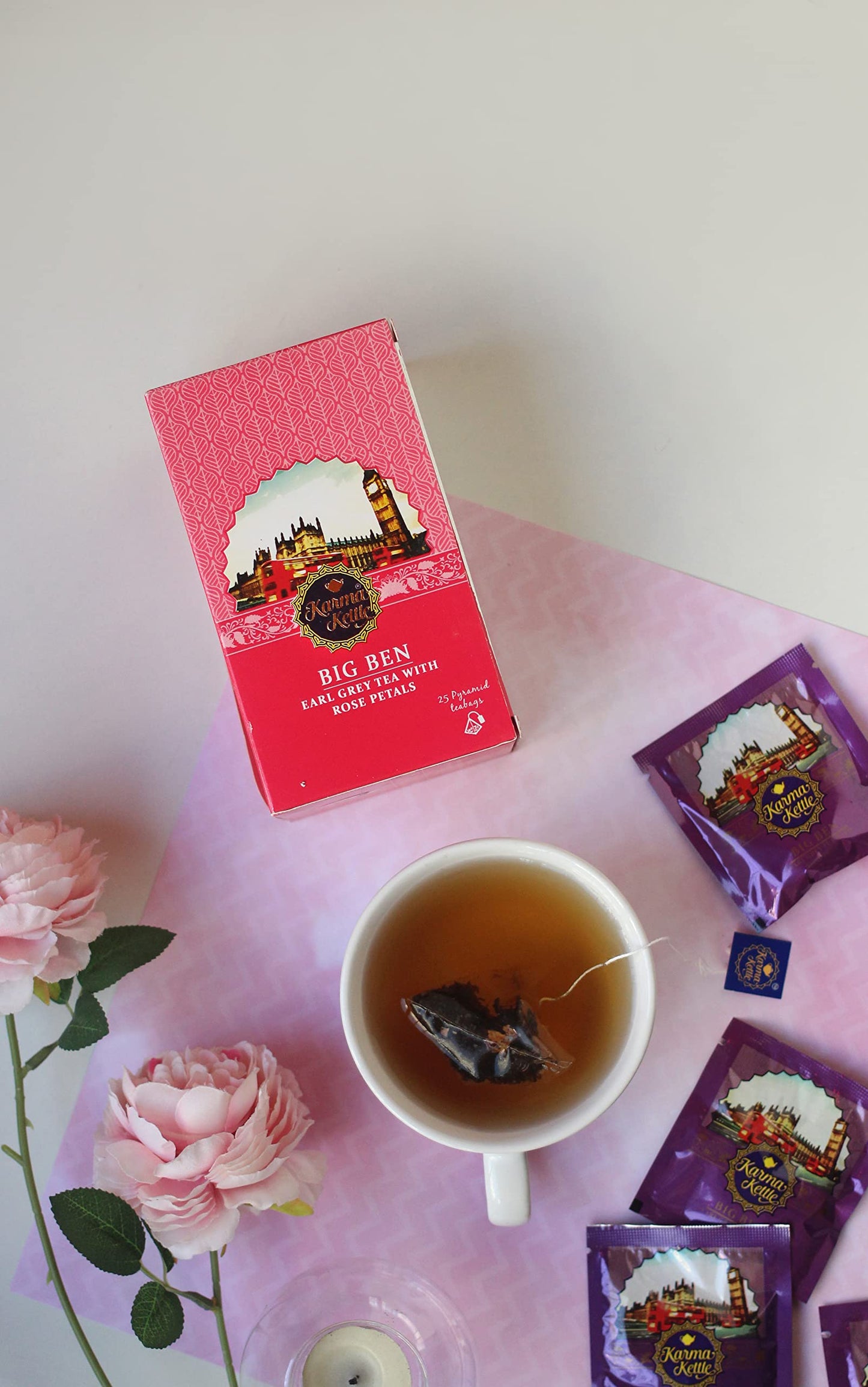 Karma Kettle Big Ben Earl Grey Assam Tea with Bergamot Oil & Rose Petals (25 Nos Pyramid Teabag Box), 50 g