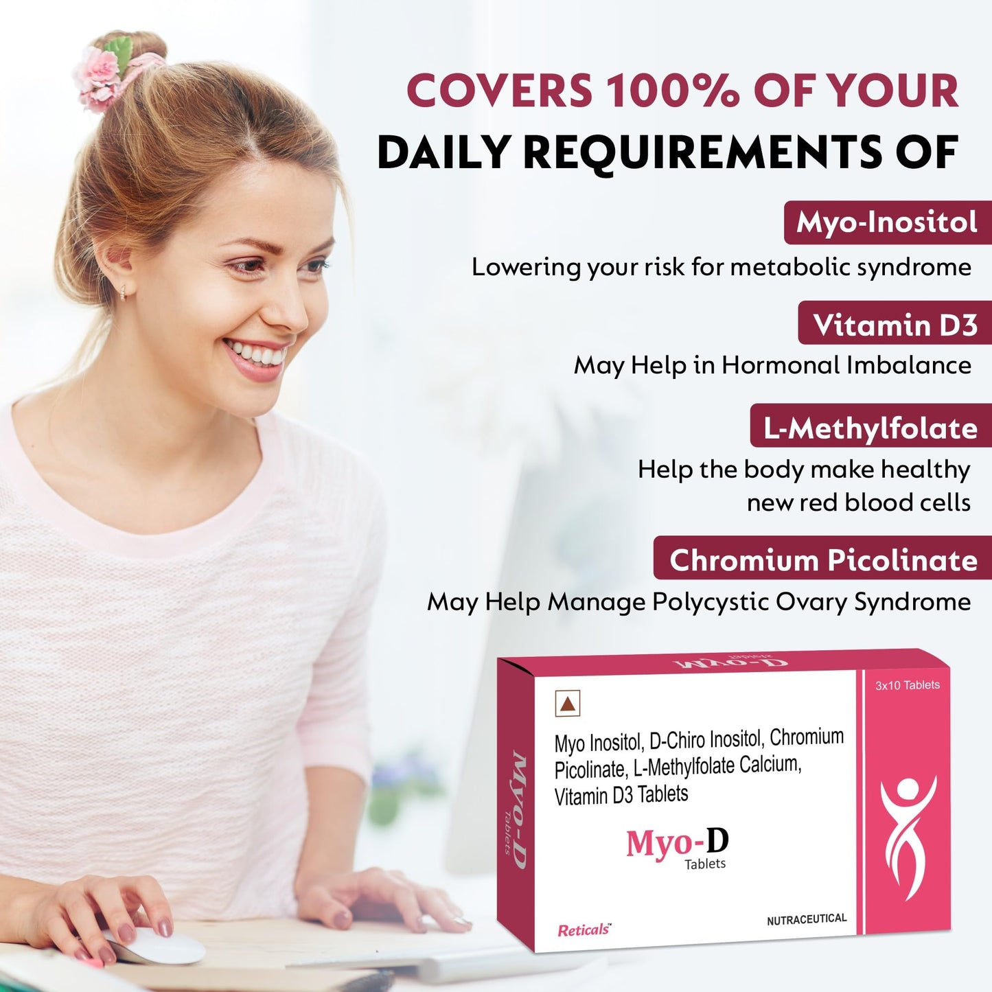 Reticals PCOS, PCOD management for women- Myo-inositol, D-Chiro Inositol, L-Methylfolate Vitamin D3, Chromium picolinate, Pack of 30 Tablets