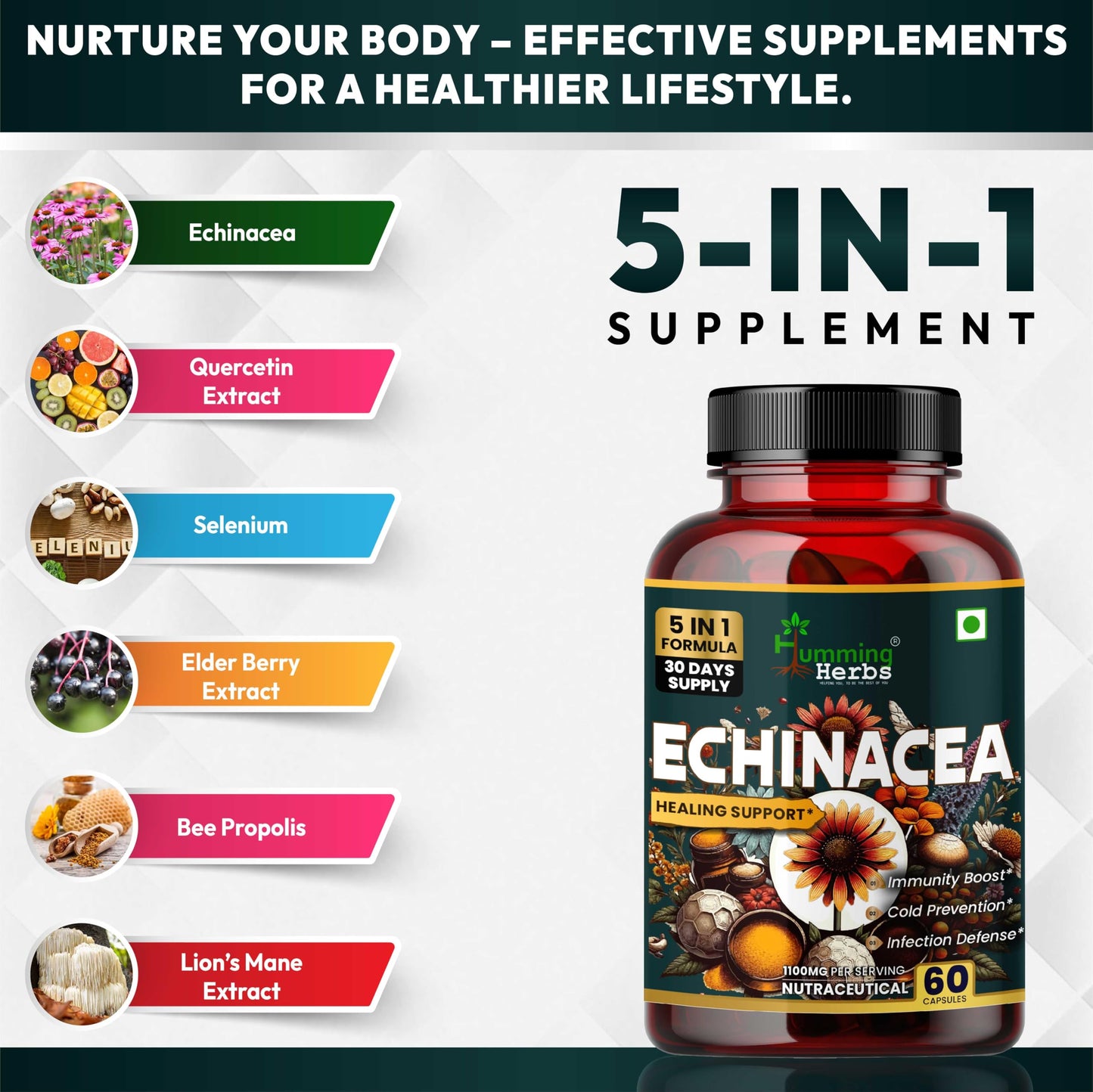 Humming Herbs Echinacea 1200mg with Elderberry & Bee Propolis - Immune Support Complex for Cold Prevention & Healing - Antioxidant, Immunity Boosting & Defense From Infection