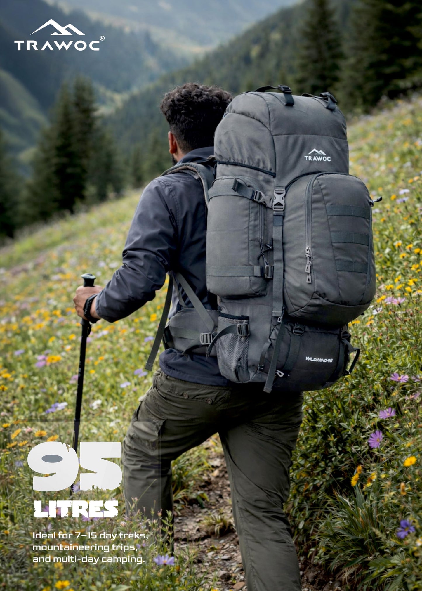 TRAWOC WILDWING 95L (80+15) Internal Frame Trekking Backpack with 15L Detachable Daypack, Rain Cover, Shoe Compartment & Adjustable Fit. Large Rucksack for Travel, Hiking & Camping | 3-Year Warranty