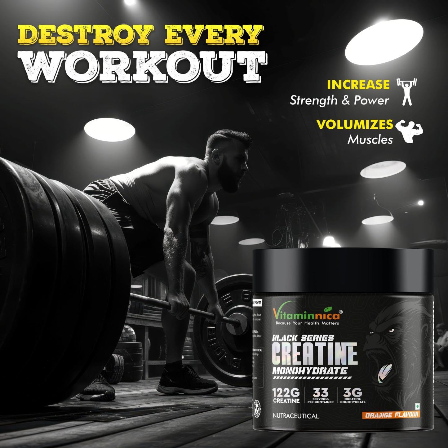 Vitaminnica Creatine Monohydrate Powder for Muscle Strength, Power & Performance | 100% Pure Micronized Creatine | Faster Recovery | 122g | For Men & Women | Pre/Post Workout Supplement