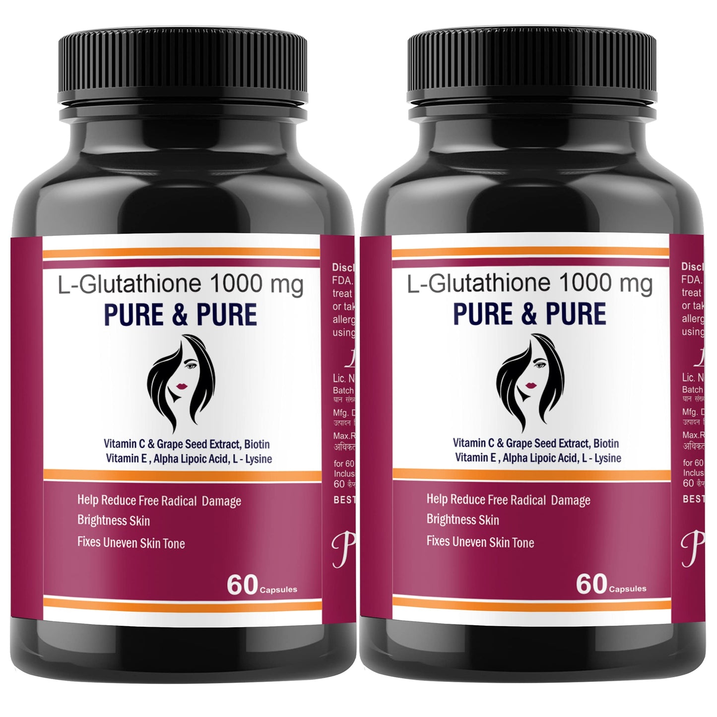 Pure & Pure Healthcare L-Glutathione Capsules 1000mg with Vitamin E and C For GlowingSkin( Pack of 1 )60 capsules