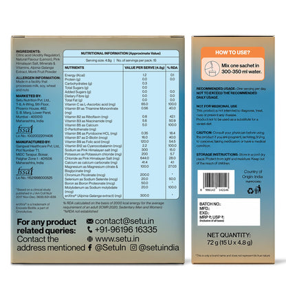 Setu Boost Hydration + Energy Electrolyte Powder Sachets with No Caffeine | Enriched with enXtra® | Masala Lemonade Flavor | Pack of 4 | 60 Sachets