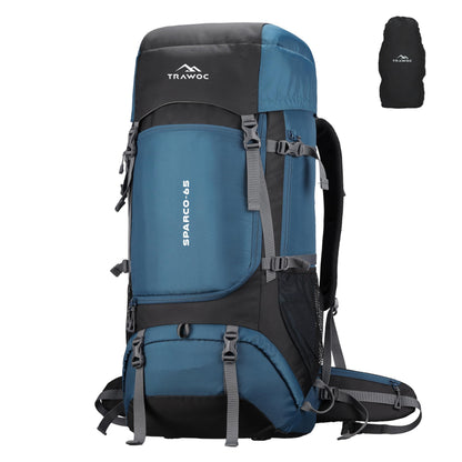 TRAWOC SPARCO 65L Travel Backpack Hiking Trekking Bag Camping Rucksack for Men & Women, Rain Cover/Shoe Compartment HK009 English Blue, 3 Year Warranty