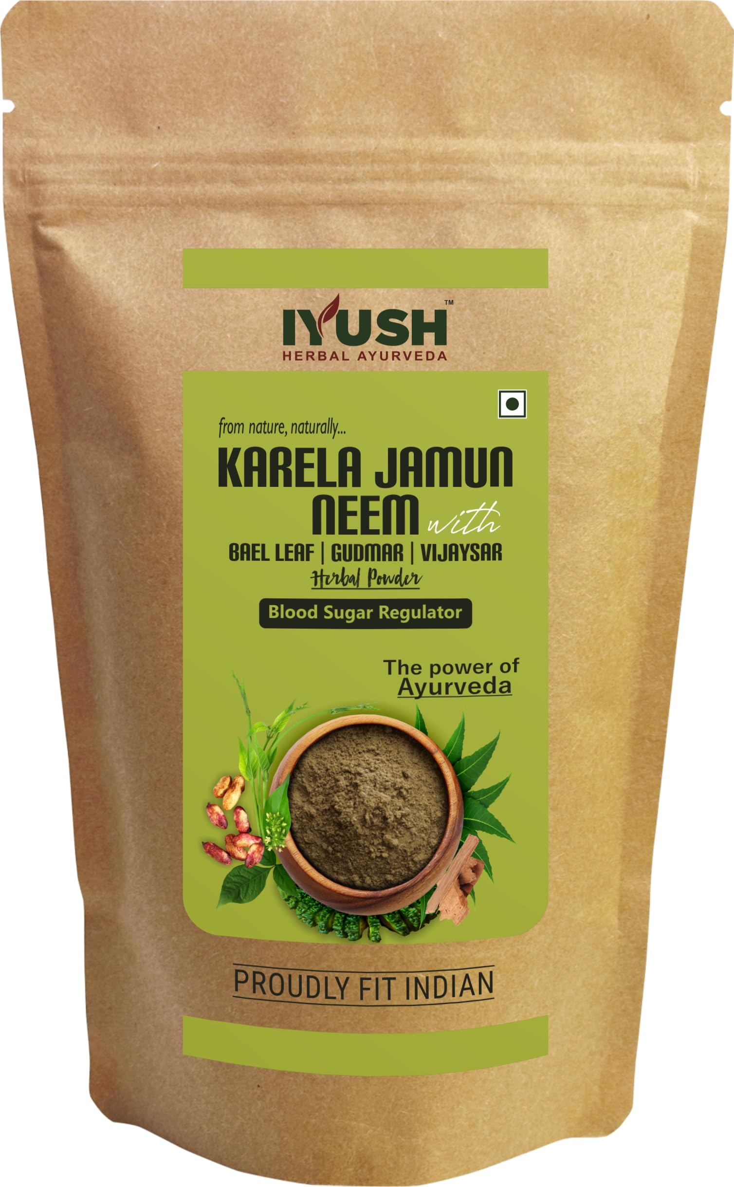 IYUSH Herbal Ayurvedic Karela Jamun Neem Powder with Gudmar, Vijaysar, and Bael