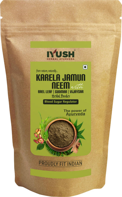 IYUSH Herbal Ayurvedic Karela Jamun Neem Powder with Gudmar, Vijaysar, and Bael