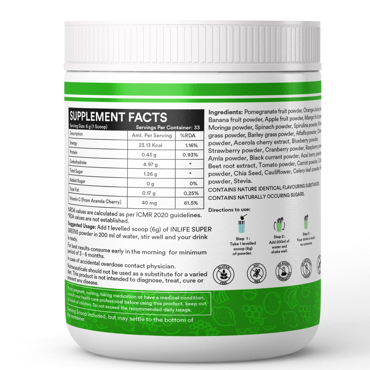 INLIFE Super Greens Powder Supplement | Spirulina, Moringa, Chlorella, Alfalfa, Wheat Grass, Barley Grass Blend | 200g