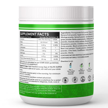 INLIFE Super Greens Powder Supplement | Spirulina, Moringa, Chlorella, Alfalfa, Wheat Grass, Barley Grass Blend | 200g