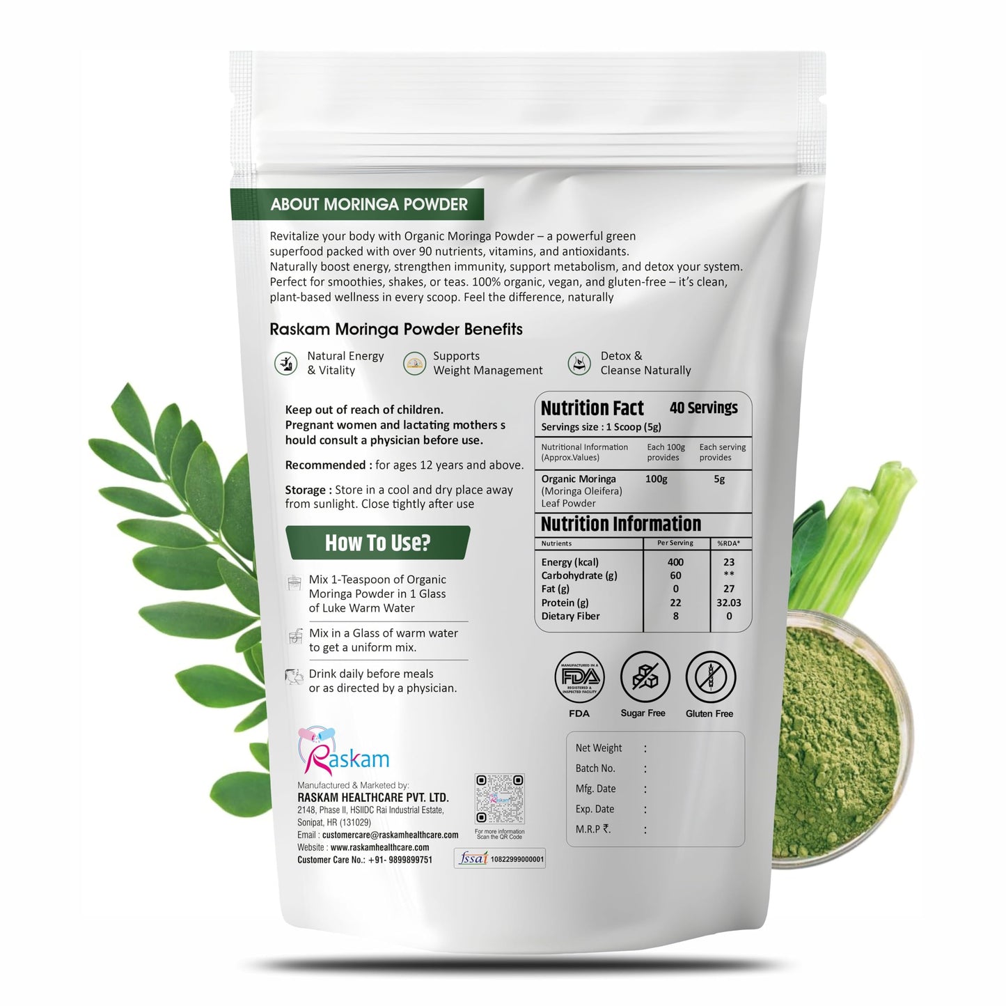 Raskam 100% Organic Moringa Powder Moringa Oleifera | Boost Immunity | Digestion & Energy | Organic Super green for Vitality | Gut Health | 100gm Drumstick Leaves Powder