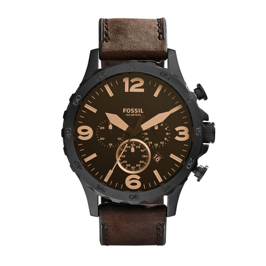 Fossil Nate Analog Black Dial Men's Watch-JR1487 Genuine Leather, Brown Strap