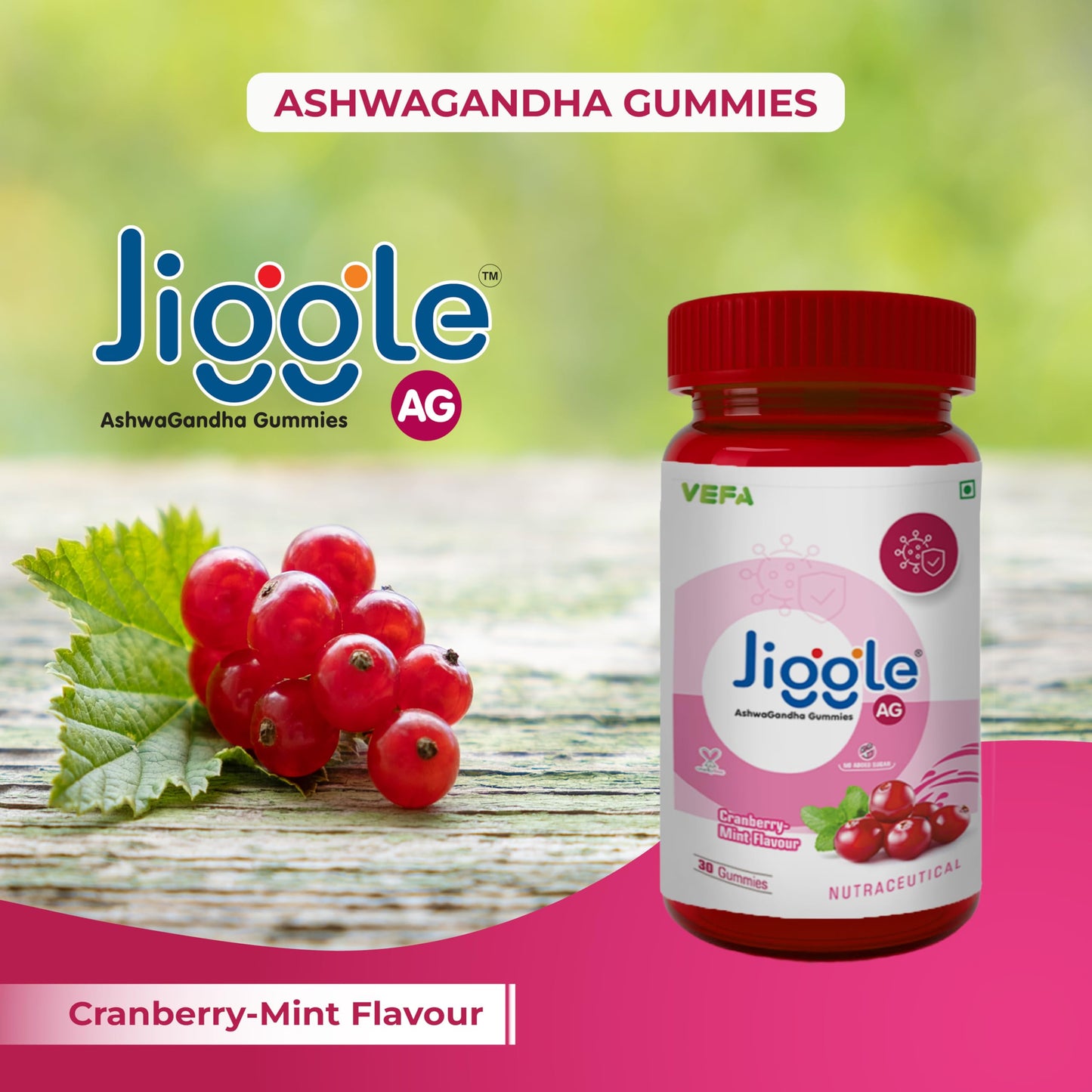 Jiggle AG Ashwagandha Gummies I Stress Relief Adoptogen Ashwagandha I Aswagandha Root Extract I Energy Boost I Immunity I Mood I No Added Sugar I Cranberry-Mint Flavour I 30 Gummies