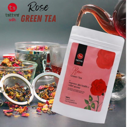 Tattva Adih Rose Green Tea - 100 grams 60+ Cups | For Glowing Skin | 100% Whole Leaf & Natural Rose Petals | Ziplock Pouch | Made with Whole Leaf & Natural Rose's Petals | Refreshing & Aromatic
