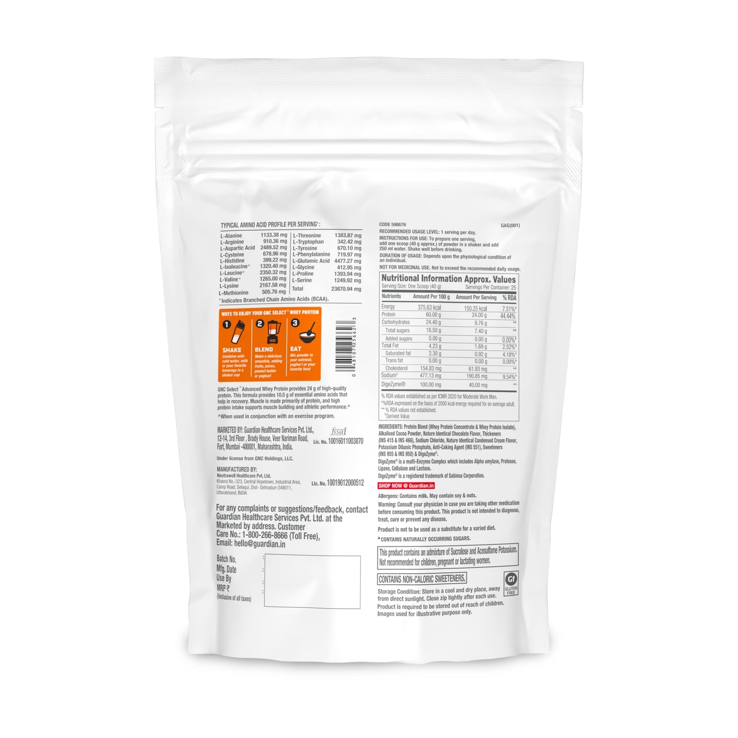 GNC Select Advanced Whey Protein | 24g Protein & 10.5g EAAs | Isolate & Concentrate Blend | Zero Added Sugar | No Soy | Supports Muscle Growth, Recovery & Strength | Enhanced with DigeZyme® for Better Digestion & Easy Absorption | Chocolate, 1 kg