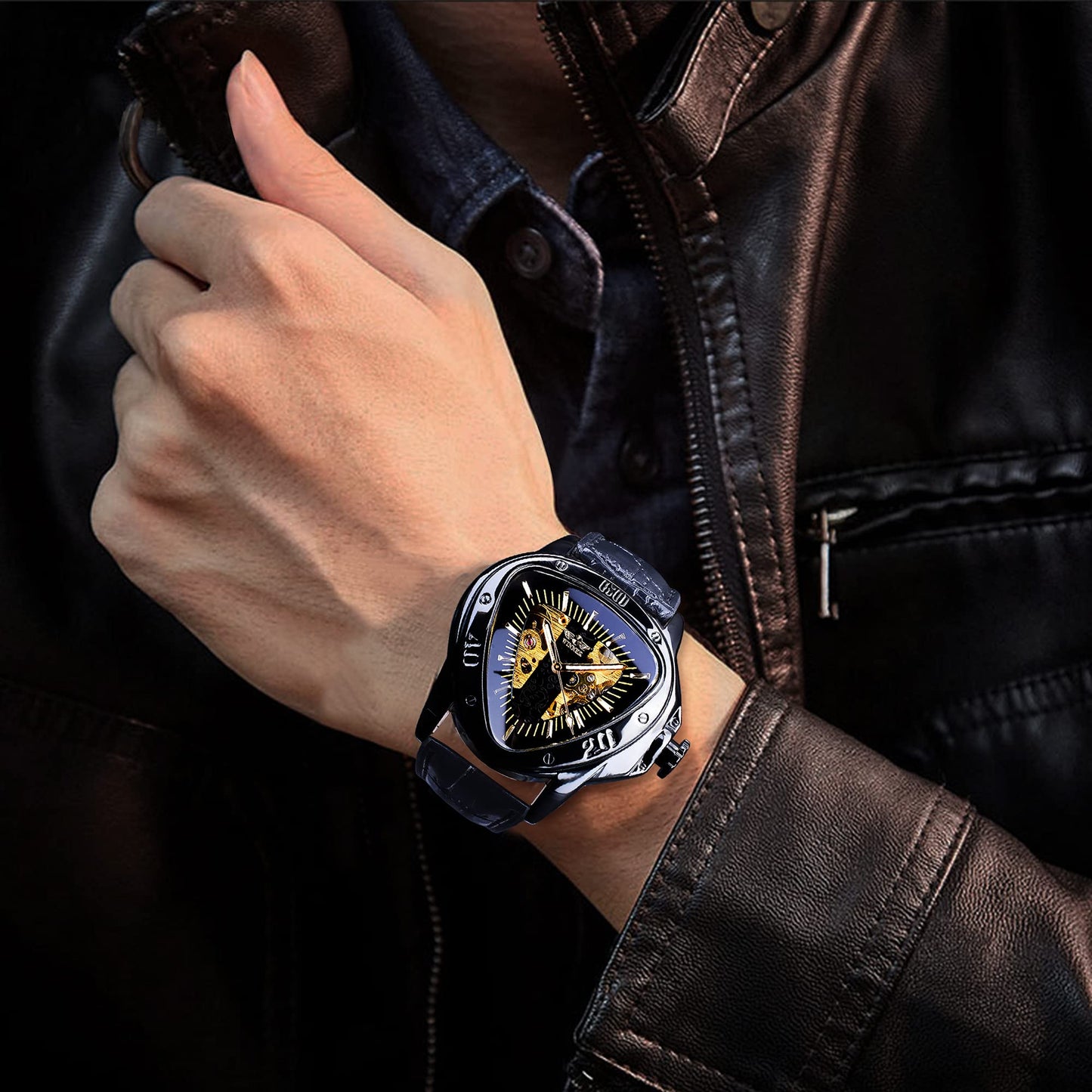 FORSINING Winner Fashion Mechanical Wrist Watch Triangle Racing Dial, Waterproof Golden Skeleton Dial Automatic Movement Leather Design Mechanical Analog Watch For Men, Black,