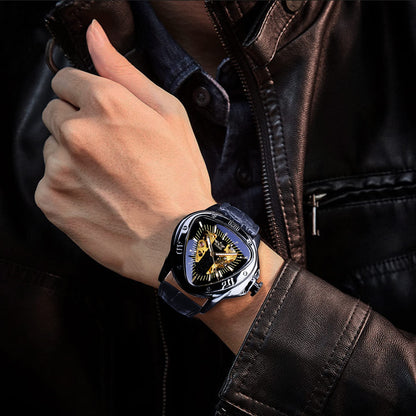 FORSINING Winner Fashion Mechanical Wrist Watch Triangle Racing Dial, Waterproof Golden Skeleton Dial Automatic Movement Leather Design Mechanical Analog Watch For Men, Black,