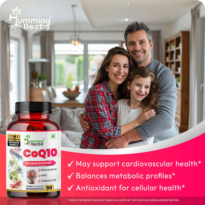 Humming Herbs CoQ10 Supplement 7-in-1 with Resveratrol NAC ALA Magnesium Vitamin K2 (MK-7) & Vitamin D3 – Cellular Energy & Antioxidant Support – 90 Veg Capsules